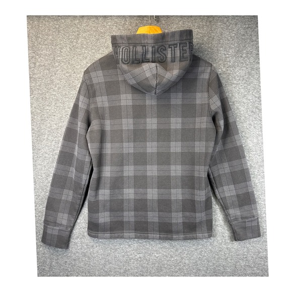 Hollister Grey Plaid Crossover Hood Fleece Hoodie Embroidered Spell Out Mens S - Picture 5 of 11